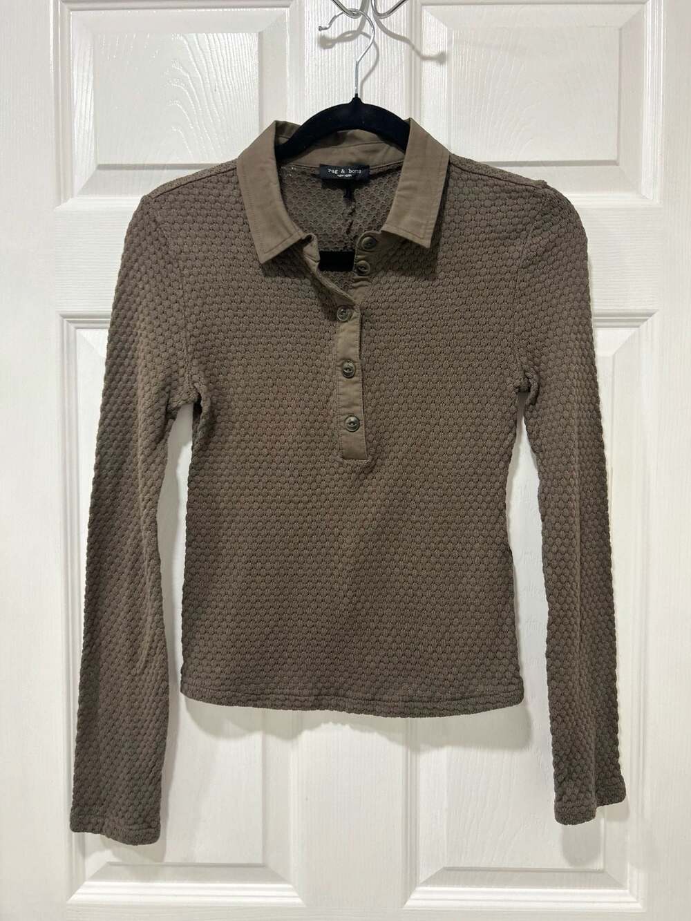 Rag & Bone Carine Long Sleeve Open Stitch Collared Polo Sweater Brown